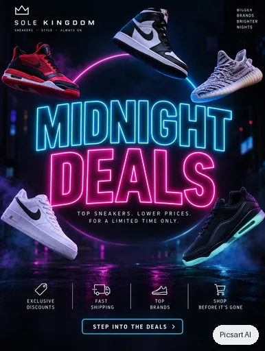 GPT Image 2.5 Sunburst: Promo flyer for a shoe store sale, headline "Midnight Deals" in huge neon letters on a dark background, sneakers floating around the text