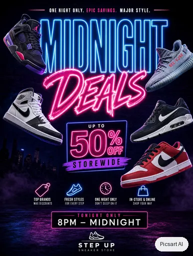 GPT Image 2 output for: Promo flyer for a shoe store sale, headline "Midnight Deals" in huge neon letters on a dark background, sneakers floating around the text
