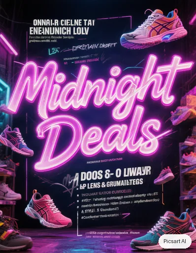 Hunyuan V3: Promo flyer for a shoe store sale, headline "Midnight Deals" in huge neon letters on a dark background, sneakers floating around the text