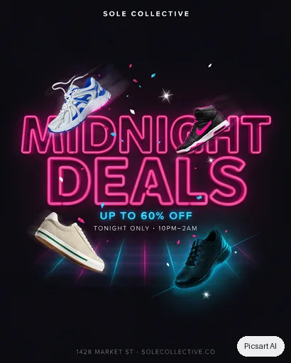 Ideogram 4.5: Promo flyer for a shoe store sale, headline "Midnight Deals" in huge neon letters on a dark background, sneakers floating around the text