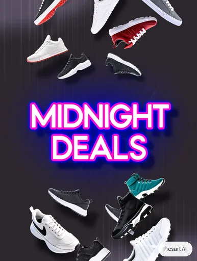 Kling 3.0 Image: Promo flyer for a shoe store sale, headline "Midnight Deals" in huge neon letters on a dark background, sneakers floating around the text