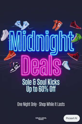 Luma UNI-1: Promo flyer for a shoe store sale, headline "Midnight Deals" in huge neon letters on a dark background, sneakers floating around the text