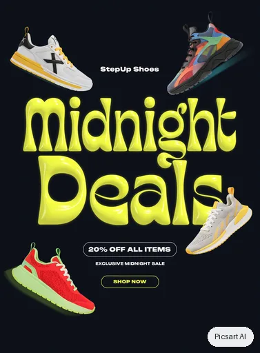 Recraft V4.1: Promo flyer for a shoe store sale, headline "Midnight Deals" in huge neon letters on a dark background, sneakers floating around the text