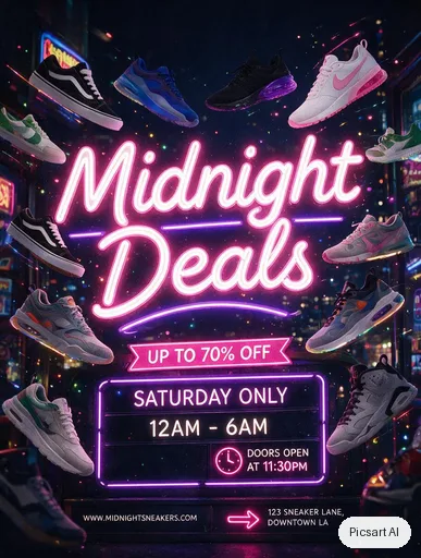 Seedream 5.0 Pro: Promo flyer for a shoe store sale, headline "Midnight Deals" in huge neon letters on a dark background, sneakers floating around the text