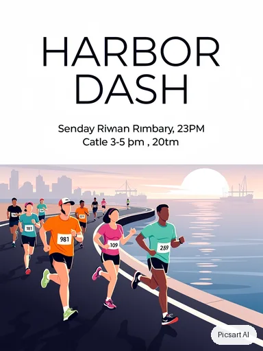 Flux 2 Pro: Charity run poster, text "Harbor Dash", runners on a seaside road at dawn, clean modern layout