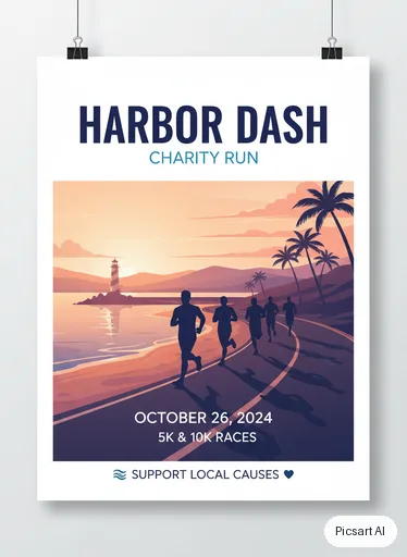 Nano Banana: Charity run poster, text "Harbor Dash", runners on a seaside road at dawn, clean modern layout