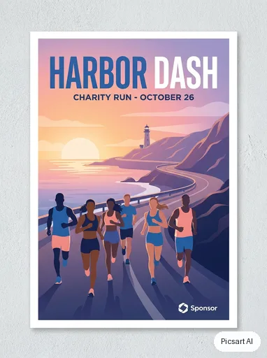 Nano Banana Pro: Charity run poster, text "Harbor Dash", runners on a seaside road at dawn, clean modern layout