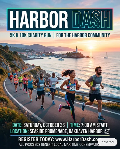 Nano Banana 2: Charity run poster, text "Harbor Dash", runners on a seaside road at dawn, clean modern layout