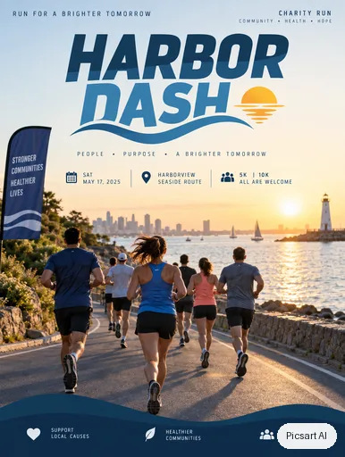 GPT Image 2.5 Sunburst: Charity run poster, text "Harbor Dash", runners on a seaside road at dawn, clean modern layout