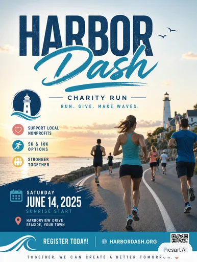 GPT Image 2: Charity run poster, text "Harbor Dash", runners on a seaside road at dawn, clean modern layout