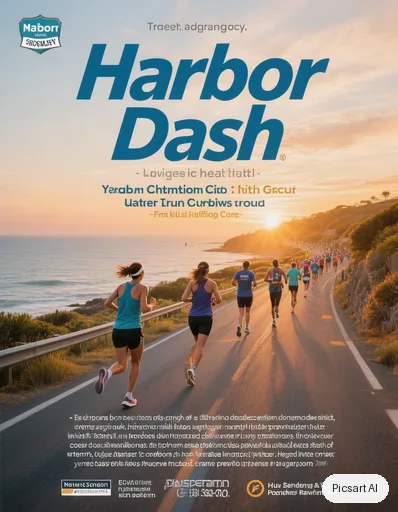 Hunyuan V3: Charity run poster, text "Harbor Dash", runners on a seaside road at dawn, clean modern layout