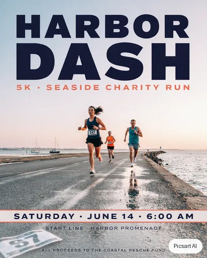 Ideogram 4.5: Charity run poster, text "Harbor Dash", runners on a seaside road at dawn, clean modern layout