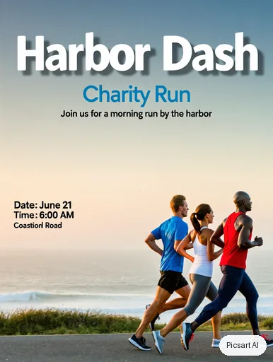 Kling 3.0 Image: Charity run poster, text "Harbor Dash", runners on a seaside road at dawn, clean modern layout