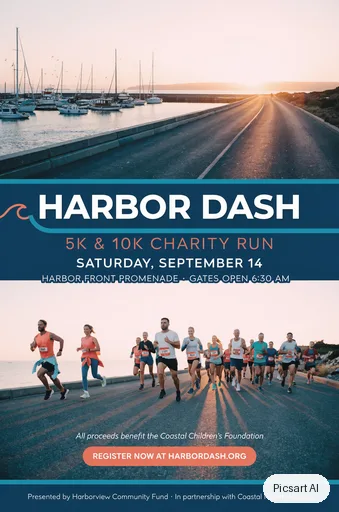 Luma UNI-1: Charity run poster, text "Harbor Dash", runners on a seaside road at dawn, clean modern layout