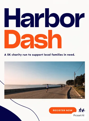 Recraft V4.1: Charity run poster, text "Harbor Dash", runners on a seaside road at dawn, clean modern layout