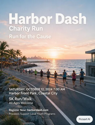 Seedream 5.0 Pro: Charity run poster, text "Harbor Dash", runners on a seaside road at dawn, clean modern layout