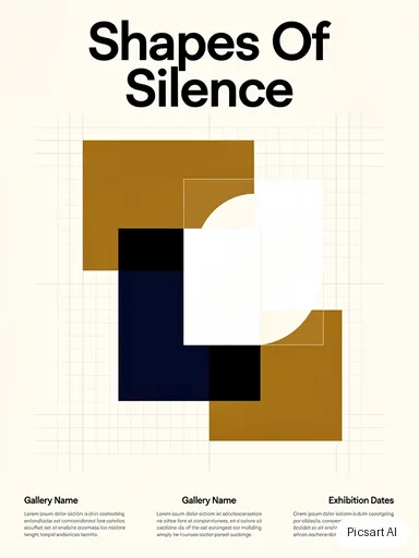 Flux 2 Pro: A gallery exhibition poster with the title "Shapes Of Silence" in a large Swiss-style grotesque font, abstract overlapping colour blocks in ochre, navy and white, lots of whitespace