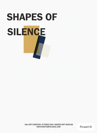 Nano Banana: A gallery exhibition poster with the title "Shapes Of Silence" in a large Swiss-style grotesque font, abstract overlapping colour blocks in ochre, navy and white, lots of whitespace