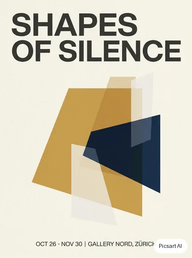 Nano Banana Pro: A gallery exhibition poster with the title "Shapes Of Silence" in a large Swiss-style grotesque font, abstract overlapping colour blocks in ochre, navy and white, lots of whitespace