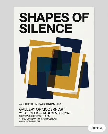 Nano Banana 2: A gallery exhibition poster with the title "Shapes Of Silence" in a large Swiss-style grotesque font, abstract overlapping colour blocks in ochre, navy and white, lots of whitespace