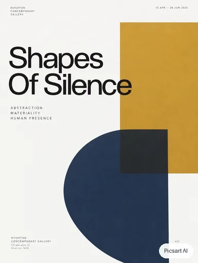 GPT Image 2.5 Sunburst: A gallery exhibition poster with the title "Shapes Of Silence" in a large Swiss-style grotesque font, abstract overlapping colour blocks in ochre, navy and white, lots of whitespace