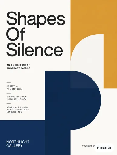 GPT Image 2 output for: A gallery exhibition poster with the title "Shapes Of Silence" in a large Swiss-style grotesque font, abstract overlapping colour blocks in ochre, navy and white, lots of whitespace