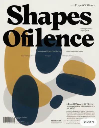 Hunyuan V3: A gallery exhibition poster with the title "Shapes Of Silence" in a large Swiss-style grotesque font, abstract overlapping colour blocks in ochre, navy and white, lots of whitespace