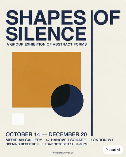 Ideogram 4.5: A gallery exhibition poster with the title "Shapes Of Silence" in a large Swiss-style grotesque font, abstract overlapping colour blocks in ochre, navy and white, lots of whitespace