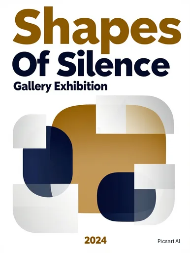 Kling 3.0 Image: A gallery exhibition poster with the title "Shapes Of Silence" in a large Swiss-style grotesque font, abstract overlapping colour blocks in ochre, navy and white, lots of whitespace