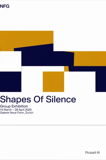 Luma UNI-1: A gallery exhibition poster with the title "Shapes Of Silence" in a large Swiss-style grotesque font, abstract overlapping colour blocks in ochre, navy and white, lots of whitespace