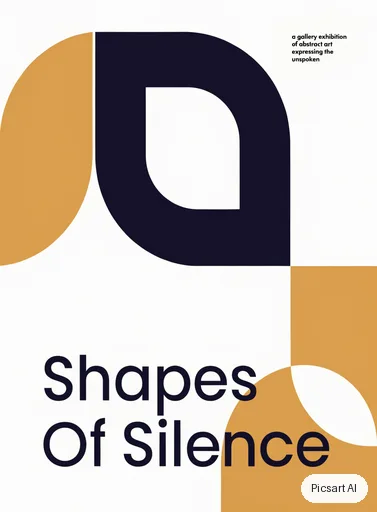Recraft V4.1: A gallery exhibition poster with the title "Shapes Of Silence" in a large Swiss-style grotesque font, abstract overlapping colour blocks in ochre, navy and white, lots of whitespace