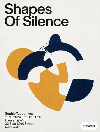 Seedream 5.0 Pro: A gallery exhibition poster with the title "Shapes Of Silence" in a large Swiss-style grotesque font, abstract overlapping colour blocks in ochre, navy and white, lots of whitespace
