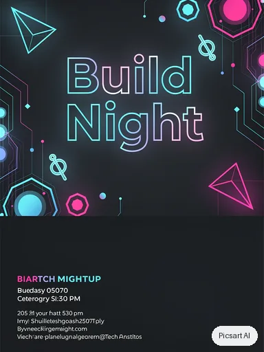 Flux 2 Pro: tech meetup flyer, headline "Build Night", dark mode vibe, glowing geometric shapes, leave room at the bottom for the details