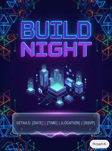 Nano Banana Pro: tech meetup flyer, headline "Build Night", dark mode vibe, glowing geometric shapes, leave room at the bottom for the details