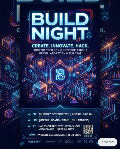 Nano Banana 2: tech meetup flyer, headline "Build Night", dark mode vibe, glowing geometric shapes, leave room at the bottom for the details