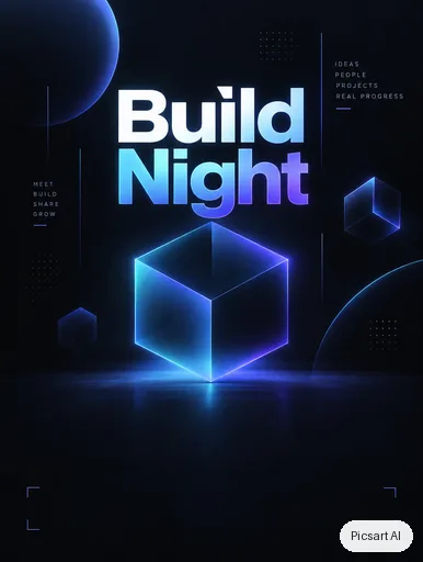 GPT Image 2.5 Sunburst: tech meetup flyer, headline "Build Night", dark mode vibe, glowing geometric shapes, leave room at the bottom for the details