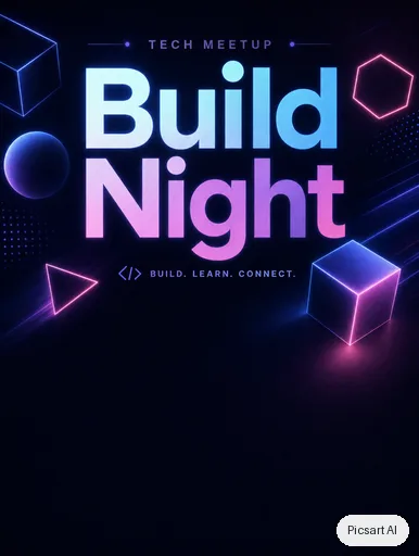 GPT Image 2 output for: tech meetup flyer, headline "Build Night", dark mode vibe, glowing geometric shapes, leave room at the bottom for the details