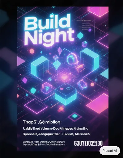 Hunyuan V3: tech meetup flyer, headline "Build Night", dark mode vibe, glowing geometric shapes, leave room at the bottom for the details