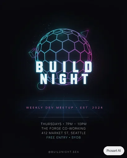 Ideogram 4.5: tech meetup flyer, headline "Build Night", dark mode vibe, glowing geometric shapes, leave room at the bottom for the details