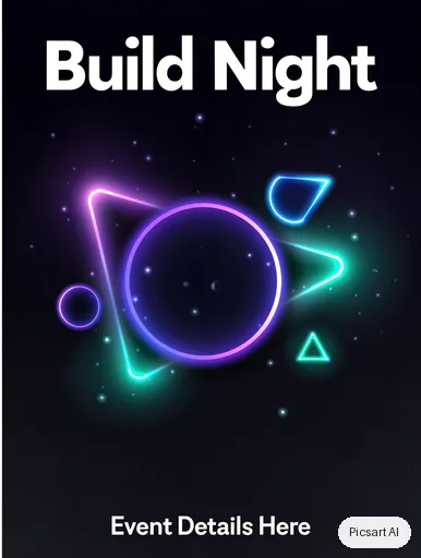 Kling 3.0 Image: tech meetup flyer, headline "Build Night", dark mode vibe, glowing geometric shapes, leave room at the bottom for the details