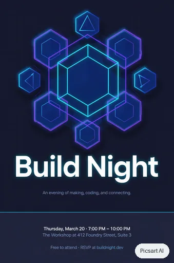 Luma UNI-1: tech meetup flyer, headline "Build Night", dark mode vibe, glowing geometric shapes, leave room at the bottom for the details