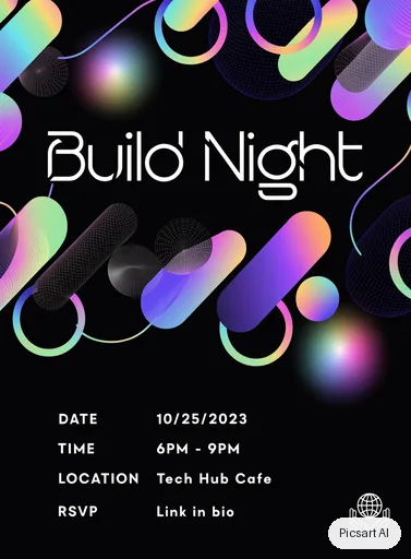 Recraft V4.1: tech meetup flyer, headline "Build Night", dark mode vibe, glowing geometric shapes, leave room at the bottom for the details