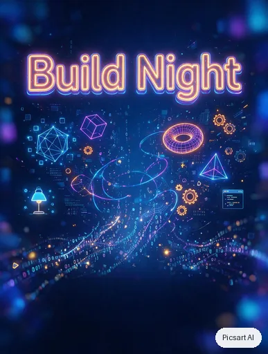Seedream 5.0 Pro: tech meetup flyer, headline "Build Night", dark mode vibe, glowing geometric shapes, leave room at the bottom for the details