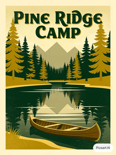 Flux 2 Pro: Retro summer camp poster saying "Pine Ridge Camp", pine trees around a lake, a canoe, 1960s travel poster style, limited palette of green, mustard and cream