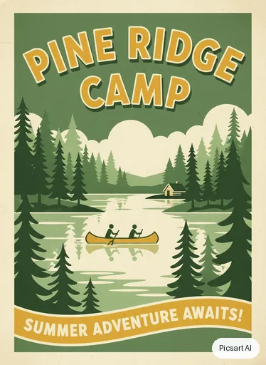 Nano Banana: Retro summer camp poster saying "Pine Ridge Camp", pine trees around a lake, a canoe, 1960s travel poster style, limited palette of green, mustard and cream