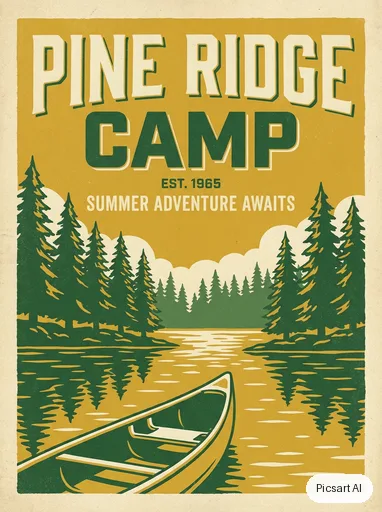 Nano Banana Pro: Retro summer camp poster saying "Pine Ridge Camp", pine trees around a lake, a canoe, 1960s travel poster style, limited palette of green, mustard and cream