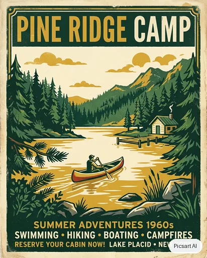 Nano Banana 2: Retro summer camp poster saying "Pine Ridge Camp", pine trees around a lake, a canoe, 1960s travel poster style, limited palette of green, mustard and cream