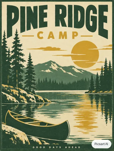 GPT Image 2.5 Sunburst: Retro summer camp poster saying "Pine Ridge Camp", pine trees around a lake, a canoe, 1960s travel poster style, limited palette of green, mustard and cream