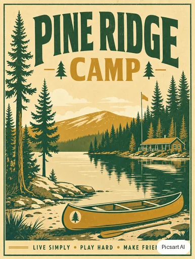 GPT Image 2: Retro summer camp poster saying "Pine Ridge Camp", pine trees around a lake, a canoe, 1960s travel poster style, limited palette of green, mustard and cream