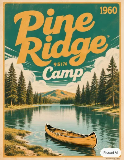 Hunyuan V3: Retro summer camp poster saying "Pine Ridge Camp", pine trees around a lake, a canoe, 1960s travel poster style, limited palette of green, mustard and cream